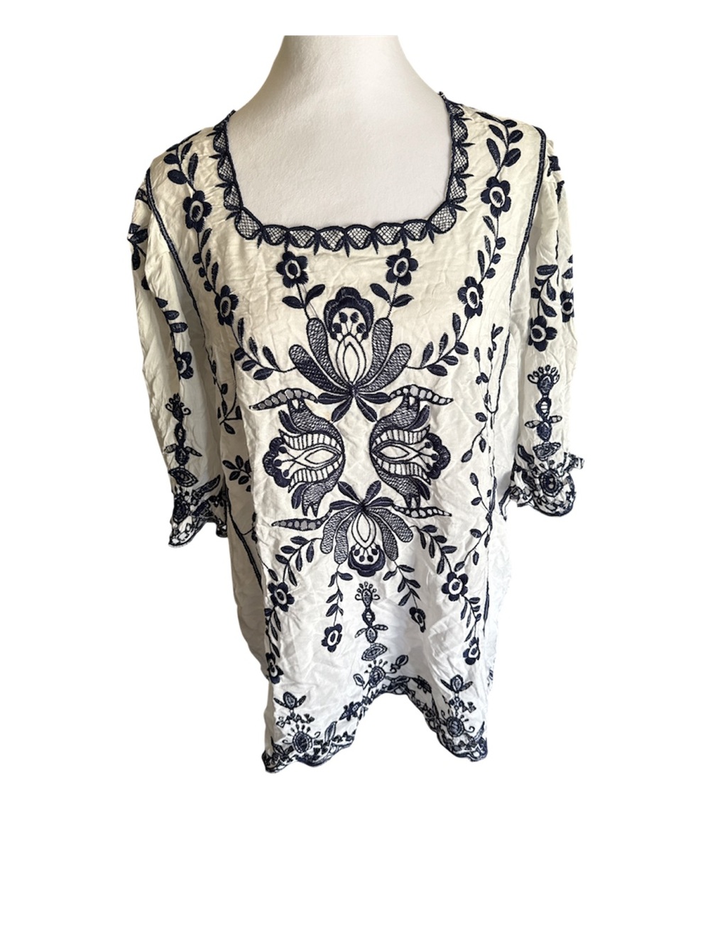 Embroidered Scalloped Square-Neck Top - White with Navy Blue Floral Embroidery